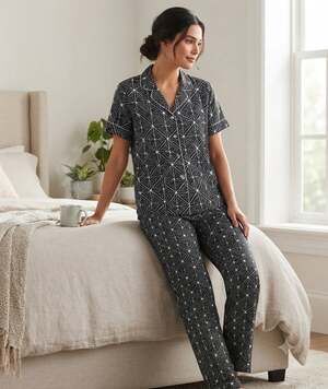 Natori Geometric Print 2-Piece Satin Pajama Set Black/White Luxury Lounge M